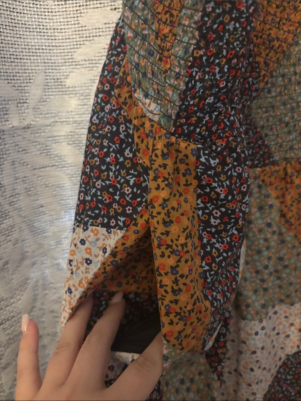 Patchwork Floral Sleeveless Midi Dress in Olive, Mustard & Brown - Picture 3 of 4